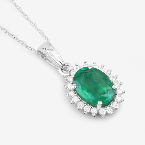 1.36 Carat Genuine Zambian Emerald & Diamond 10K White Gold Pendant