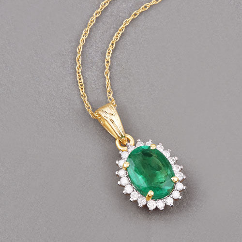 Pendentif en Émeraude Zambienne et Diamant de 1,36 Carat en Or 10K