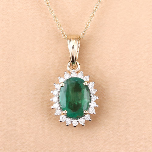 Pendentif en Émeraude Zambienne et Diamant de 1,36 Carat en Or 10K