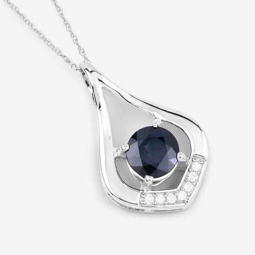 1.24 Carat Blue Sapphire and Diamond 10K White Gold Pendant