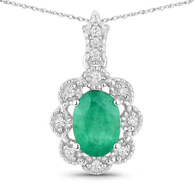 0.79 Carat Genuine Zambian Emerald and White Diamond Pendant in 10K White Gold