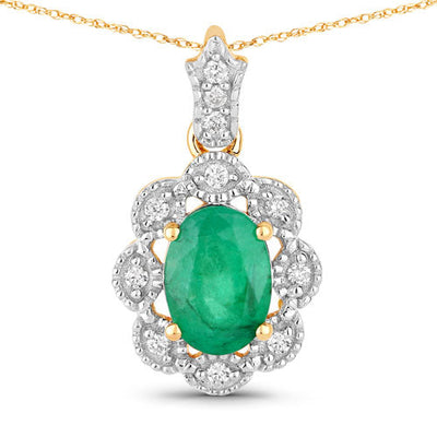 0.79 Carat Genuine Zambian Emerald and White Diamond Pendant in 10K Yellow Gold