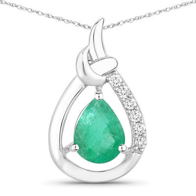 1.18 Carat Genuine Zambian Emerald and White Diamond Pendant in 10K White Gold