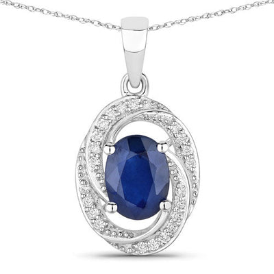 1.71 Carat Genuine Blue Sapphire and White Diamond Pendant in 14K White Gold