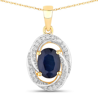 1.71 Carat Genuine Blue Sapphire and White Diamond Pendant in 14K Gold