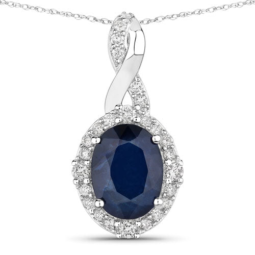1.72 Carat Blue Sapphire & Diamond 14K White Gold Pendant
