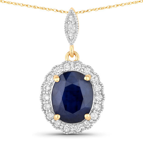 3.38 Carat Genuine Blue Sapphire and White Diamond Pendant in 14K Gold