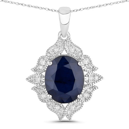 6.44 Carat Blue Sapphire & Diamond 14K White Gold Pendant