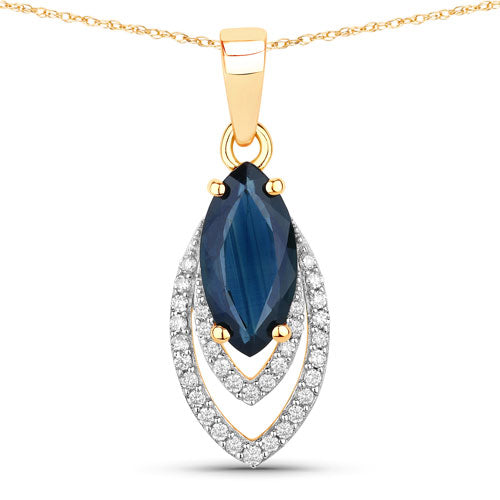 1.42 Carat Blue Sapphire & White Diamond 14K Yellow Gold Pendant