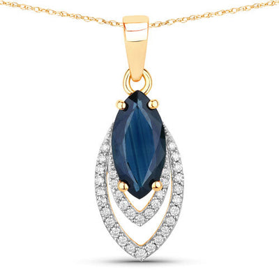 1.42 Carat Blue Sapphire & White Diamond 14K Yellow Gold Pendant