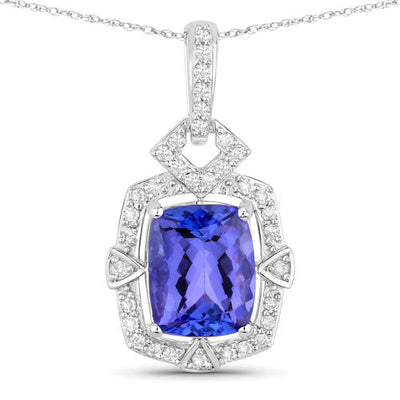 2.46 Carat Genuine Tanzanite and White Diamond Pendant in 14K White Gold