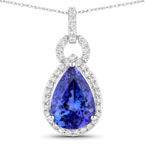 3.49 Carat Genuine Tanzanite and White Diamond Pendant in 14K White Gold