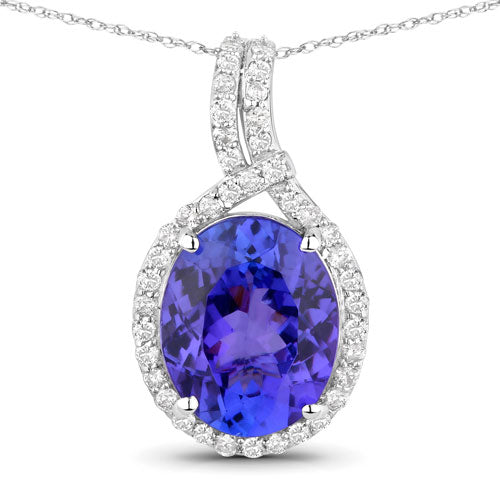 3.21 Carat Genuine Tanzanite and White Diamond Pendant in 14K White Gold