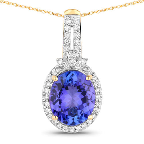 Pendentif en Tanzanite et Diamant Blanc de 3,74 Carats en Or Jaune 14K