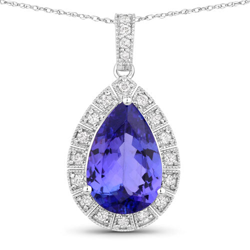 3.13 Carat Genuine Tanzanite and White Diamond Pendant in 14K White Gold
