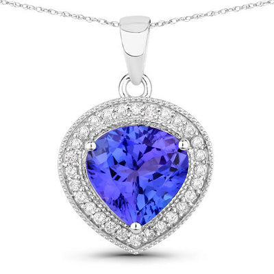 2.58 Carat Genuine Tanzanite and White Diamond Pendant in 14K White Gold