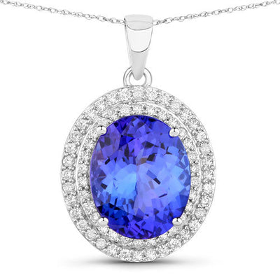 3.90 Carat Genuine Tanzanite and White Diamond Pendant in 14K White Gold
