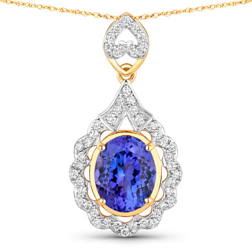 Pendentif en Tanzanite et Diamant Blanc de 4,40 Carats en Or Jaune 14 Carats