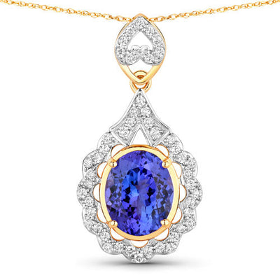 4.40 Carat Genuine Tanzanite and White Diamond Pendant in 14K Yellow Gold