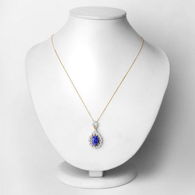 4.40 Carat Genuine Tanzanite and White Diamond Pendant in 14K Yellow Gold