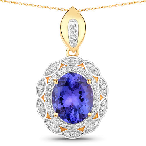 4.13 Carat Genuine Tanzanite & White Diamond 14K Yellow Gold Pendant