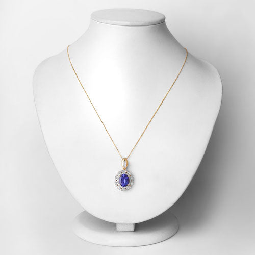 4.13 Carat Genuine Tanzanite & White Diamond 14K Yellow Gold Pendant