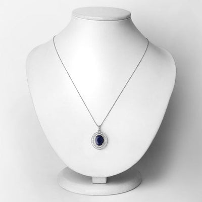 Pendentif Halo en Saphir Bleu et Diamants en Or Blanc 14K