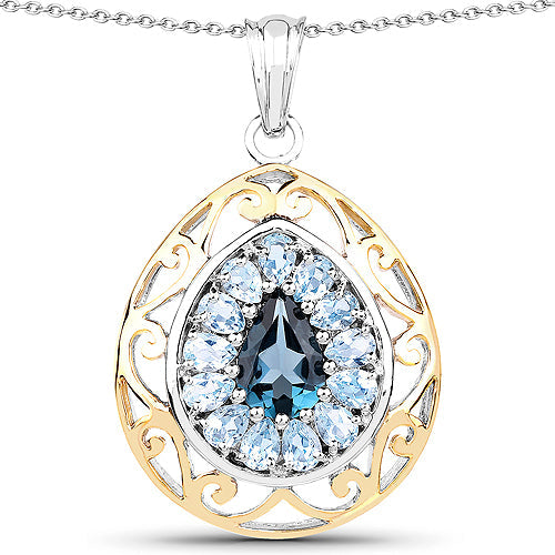 Pendentif en Topaze Bleue Plaqué Or Jaune 18K en Argent Sterling
