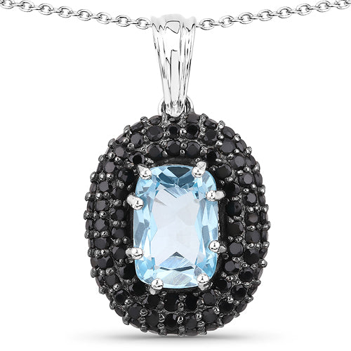 Elegant 6.70 Carat Blue Topaz & Black Spinel Pendant in Sterling Silver