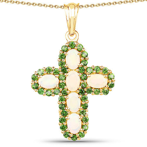 Pendentif en Opale Éthiopienne et Diopside Chrome Plaqué Or Jaune 14K