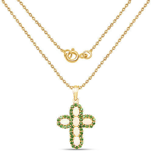 Pendentif en Opale Éthiopienne et Diopside Chrome Plaqué Or Jaune 14K