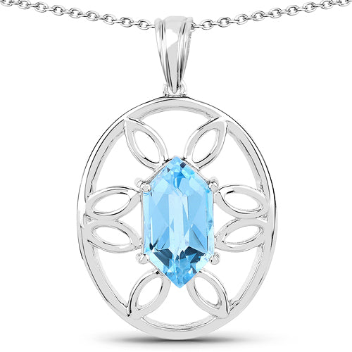 6.17 Carat Genuine Swiss Blue Topaz Pendant in Sterling Silver
