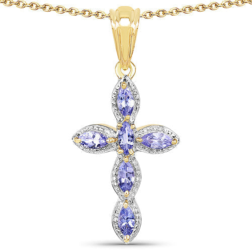 Colgante de Cruz de Tanzanita Baño de Oro Amarillo de 14K en Plata de Ley