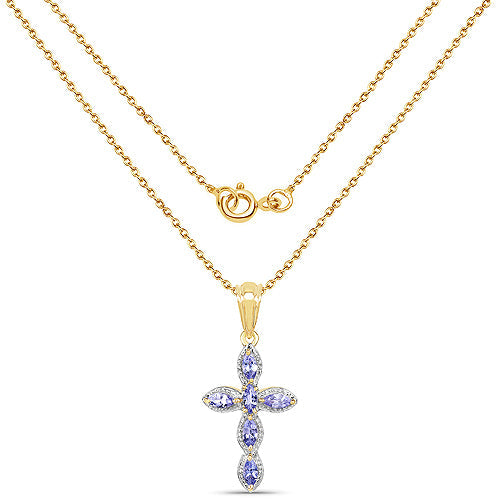 Colgante de Cruz de Tanzanita Baño de Oro Amarillo de 14K en Plata de Ley