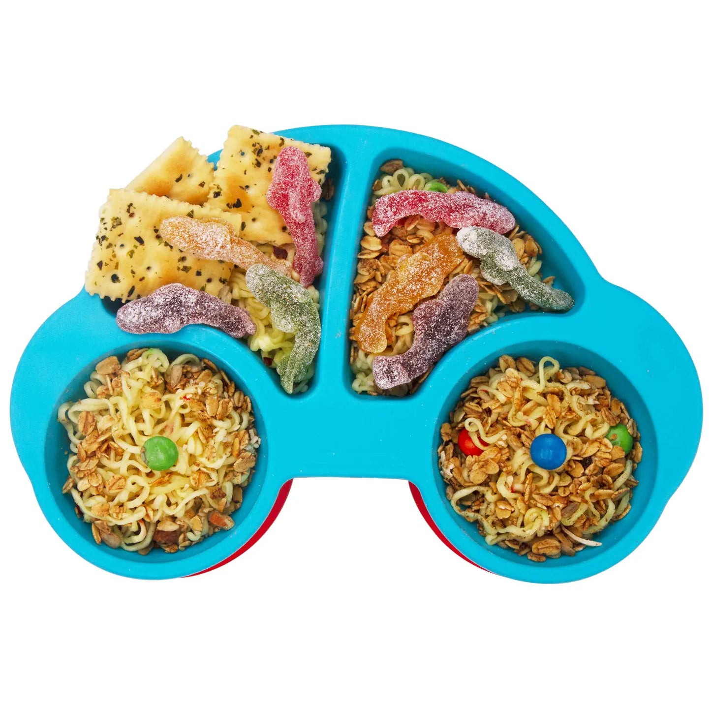 Silicone Suction Baby Plate - Divided Toddler Feeding Dish (Car-Blue)