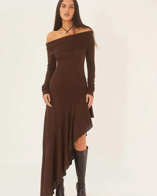 Elegant Long Sleeve Ruffled Dress in Brown