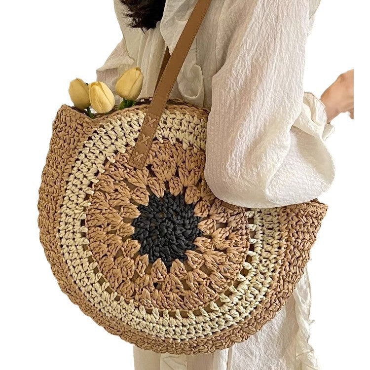 Paper rope hollow out colorful round plate grass woven bag casual beach bag one shoulder fashionable woven bag - Korvel