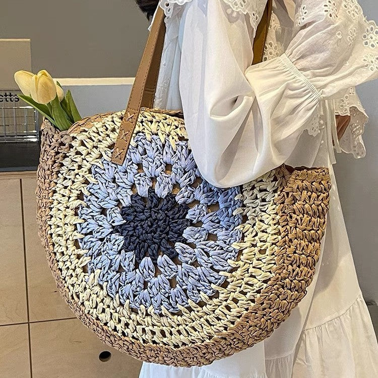 Paper rope hollow out colorful round plate grass woven bag casual beach bag one shoulder fashionable woven bag - Korvel