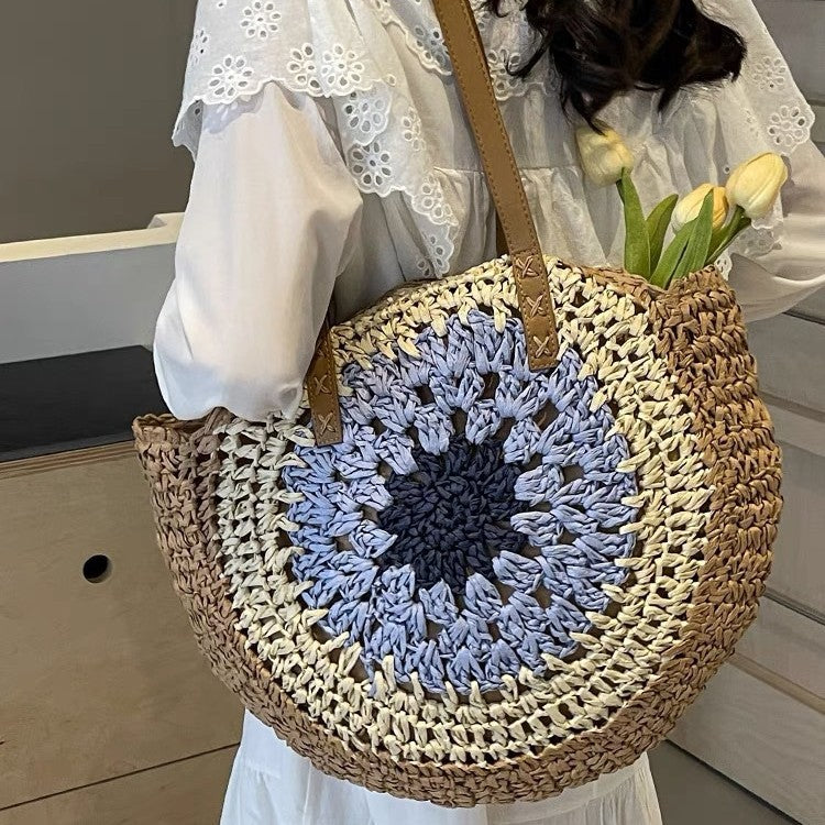 Paper rope hollow out colorful round plate grass woven bag casual beach bag one shoulder fashionable woven bag - Korvel