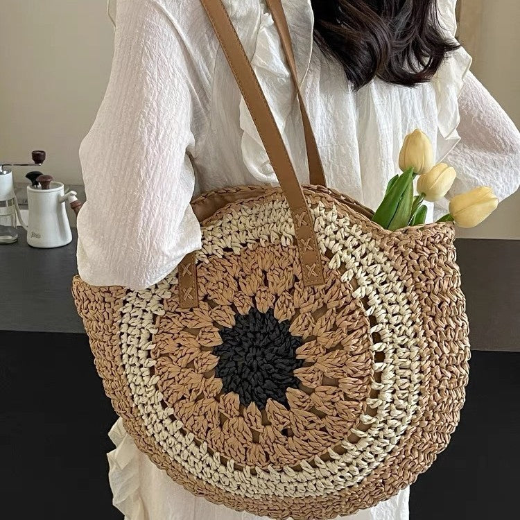 Paper rope hollow out colorful round plate grass woven bag casual beach bag one shoulder fashionable woven bag - Korvel