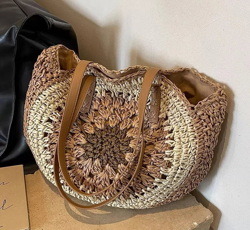 Paper rope hollow out colorful round plate grass woven bag casual beach bag one shoulder fashionable woven bag - Korvel