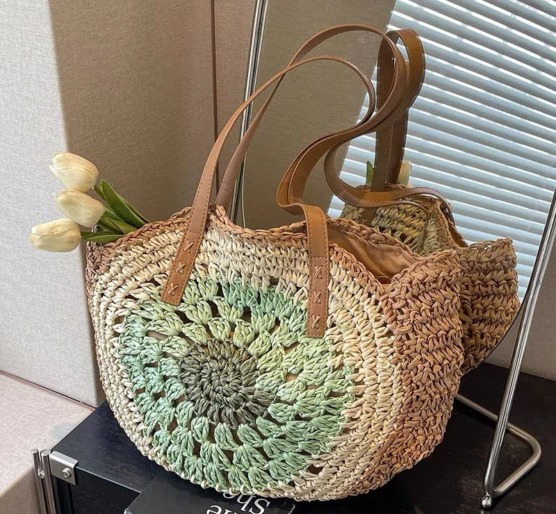 Paper rope hollow out colorful round plate grass woven bag casual beach bag one shoulder fashionable woven bag - Korvel
