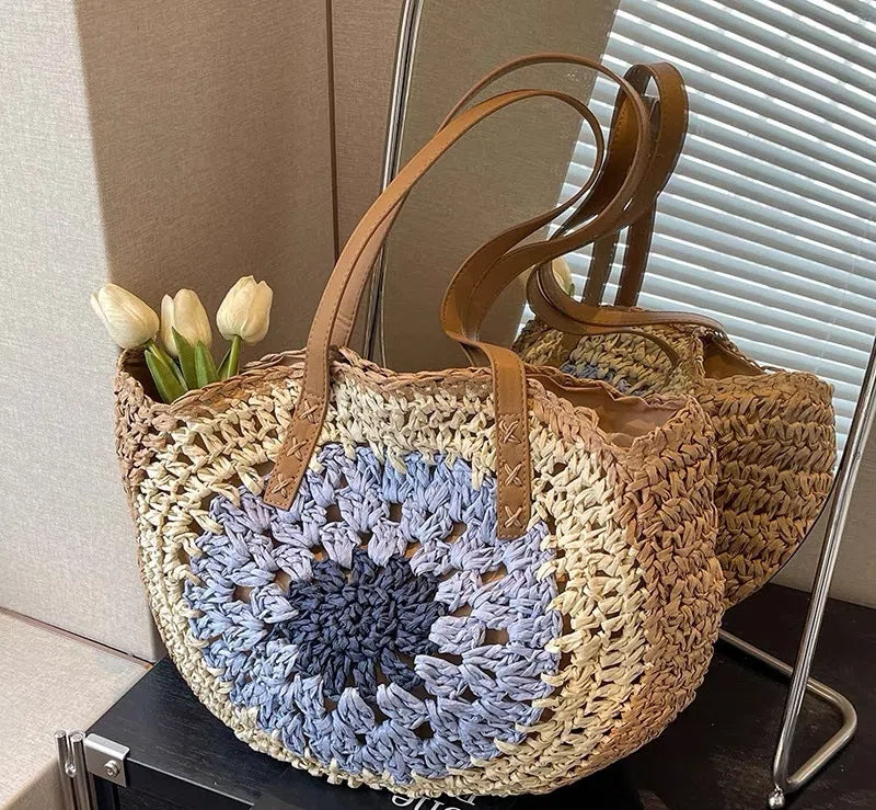 Paper rope hollow out colorful round plate grass woven bag casual beach bag one shoulder fashionable woven bag - Korvel