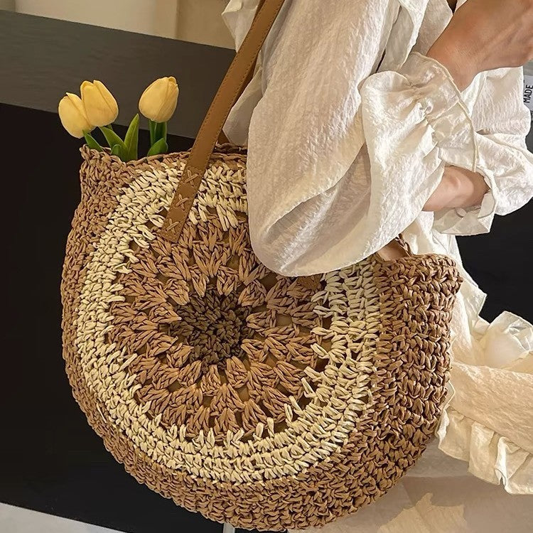 Paper rope hollow out colorful round plate grass woven bag casual beach bag one shoulder fashionable woven bag - Korvel