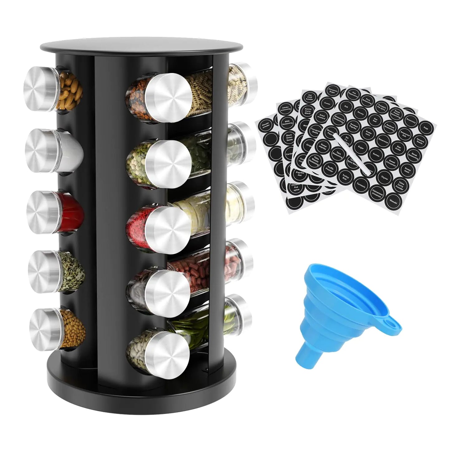 Organisateur de Rack à Épices Rotatif Daiumulti - Acier Noir avec 20 Pots