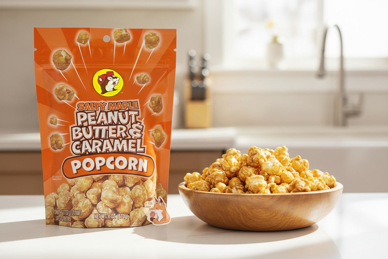 Popcorn au caramel et beurre de cacahuète salé à l'érable de Buc-ee's