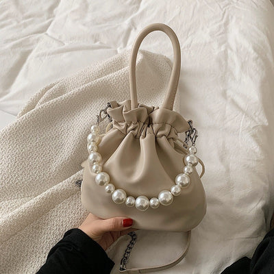 Elegant Pearl Chain Pleated Bucket Bag for Women