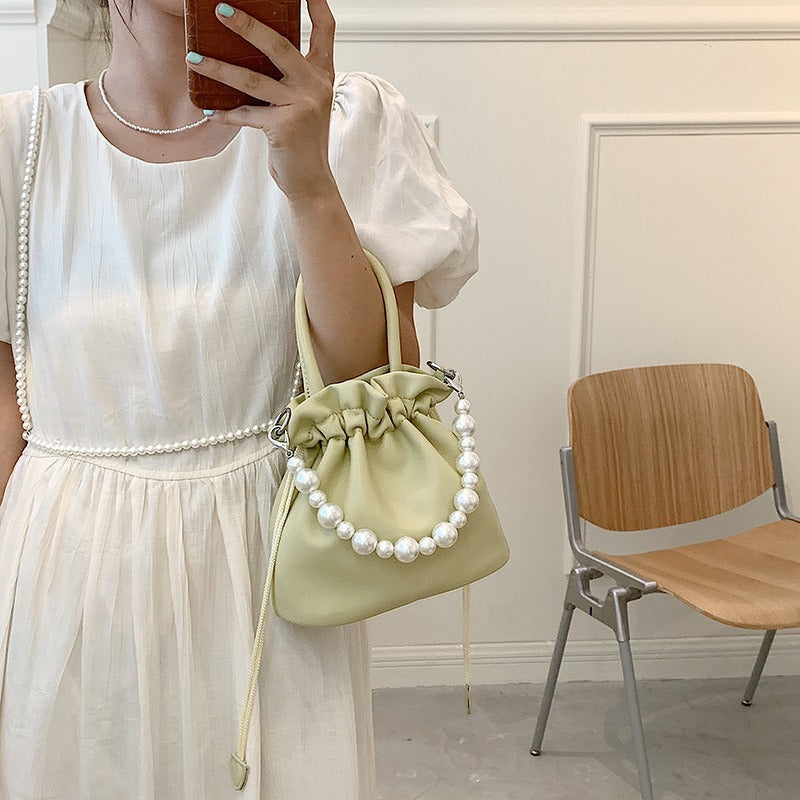 Elegant Pearl Chain Pleated Bucket Bag for Women