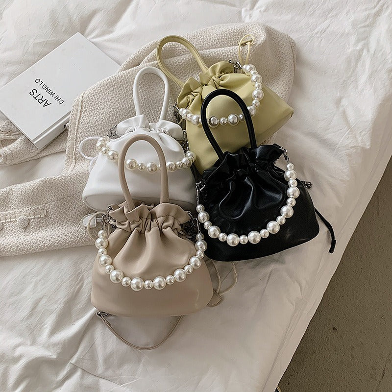 Elegant Pearl Chain Pleated Bucket Bag for Women