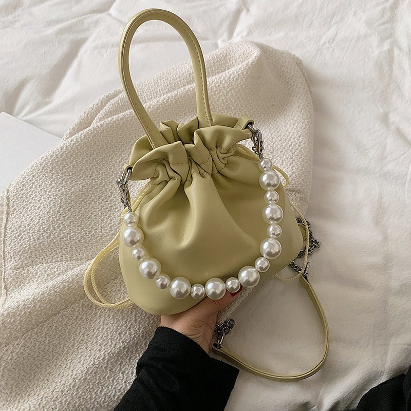 Elegant Pearl Chain Pleated Bucket Bag for Women